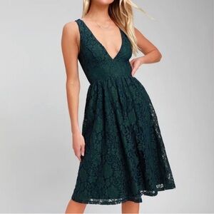 Lulus Duet Navy Blue and Forest Green Lace Midi Skater Dress